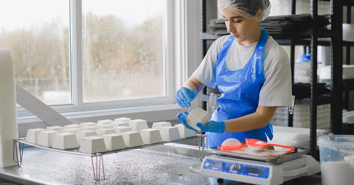 a female worker processes cheese in a dairy factory using modern equipment