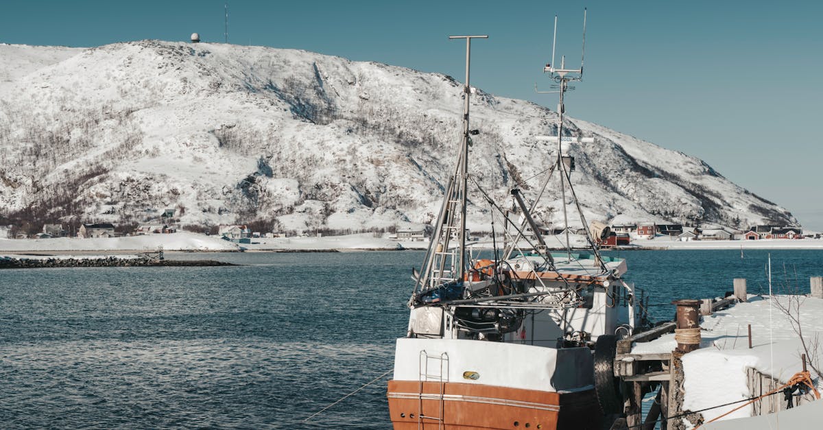 a fishing boat docked in a snowy norwegian landscape during wintertime with blue tones