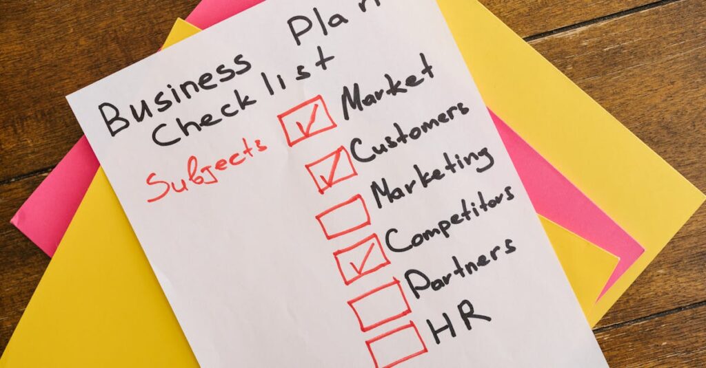 a handwritten business plan checklist on a table with colorful papers indicating important topics fo 7