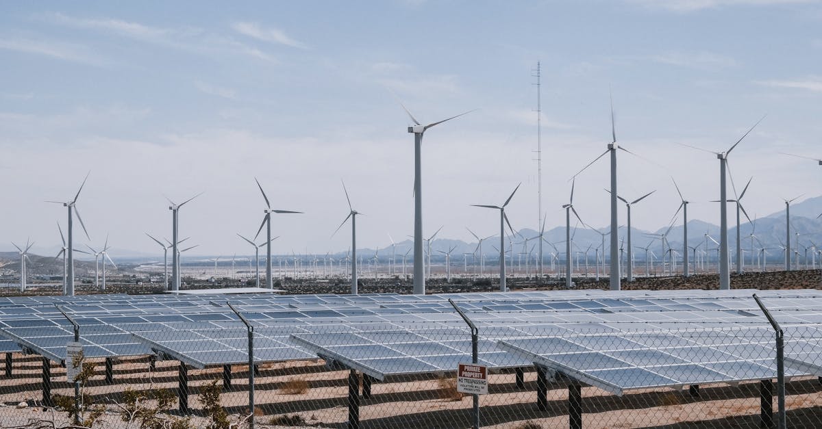 a renewable energy farm with wind turbines and solar panels under a clear sky