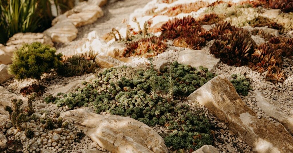 a serene rock garden featuring diverse succulents under warm sunlight 1