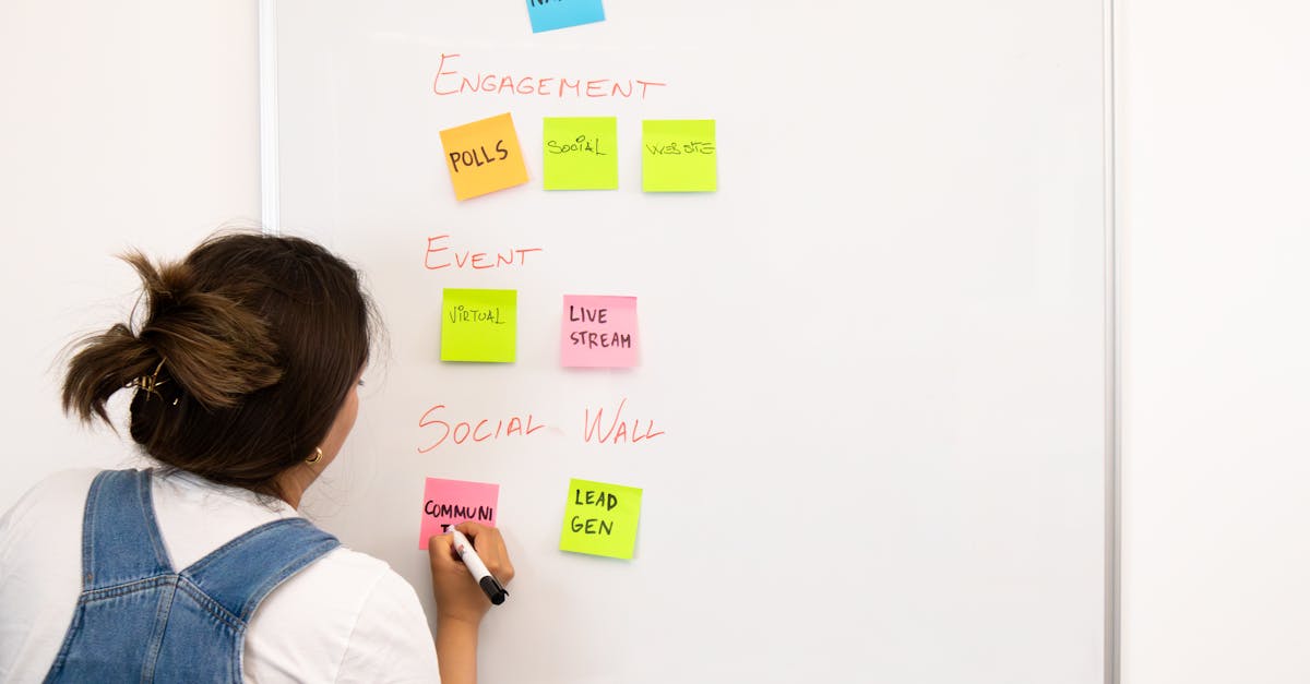 a woman organizing notes on a whiteboard with colorful sticky notes in an office setting 1