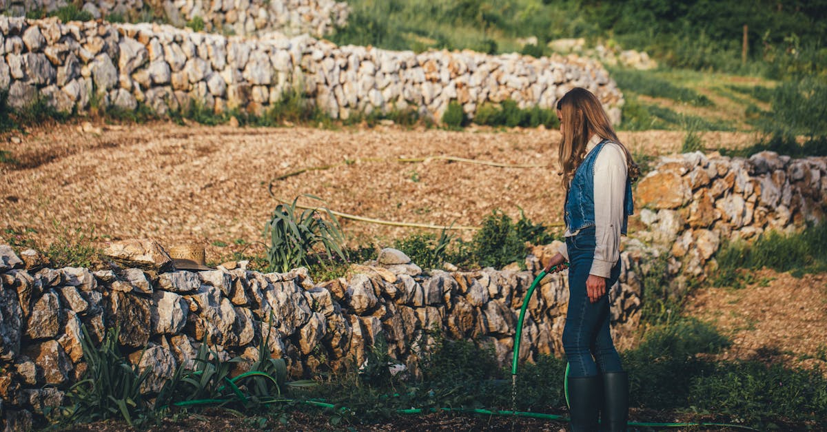 a woman waters plants on a terraced stone farm in spuz montenegro