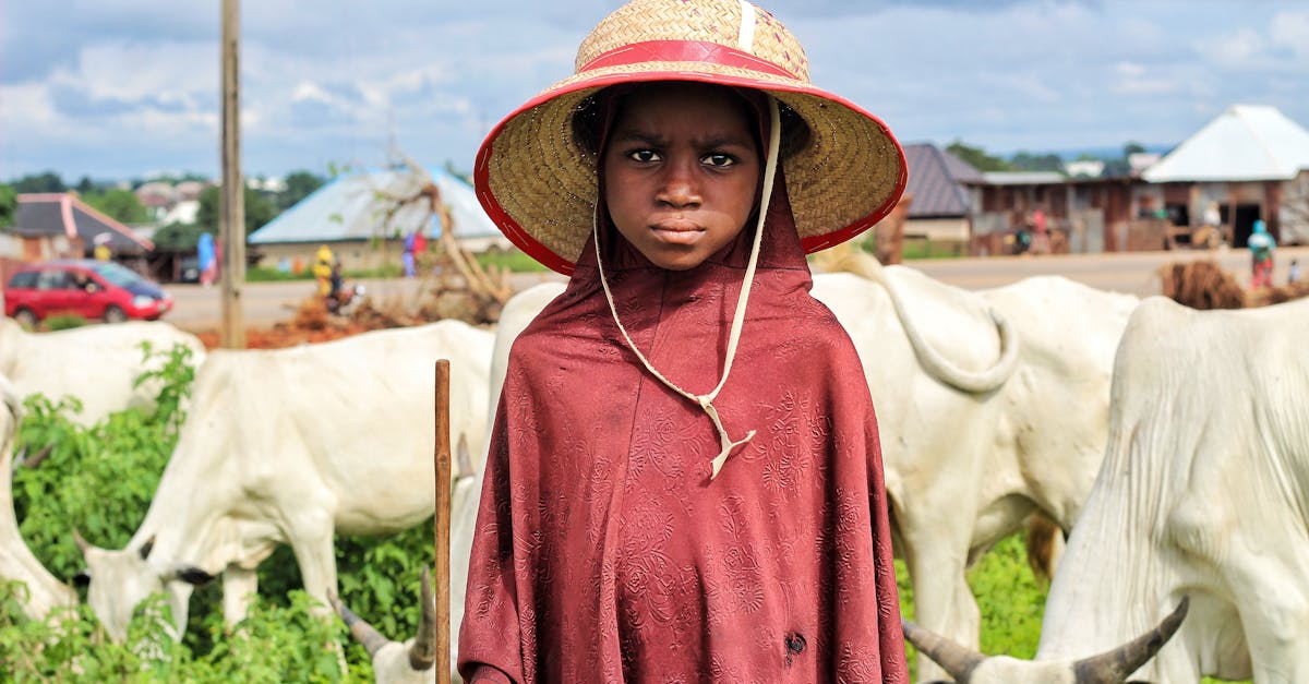 a young african child with straw hat herding cattle on a farm captures rural life and culture outdo