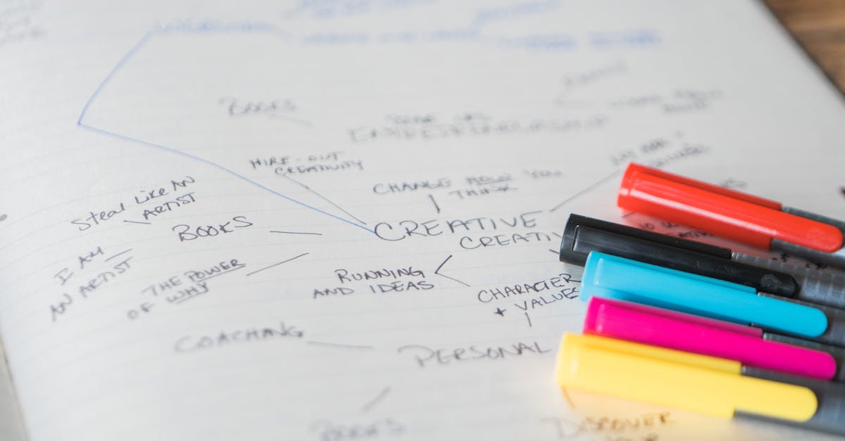 bright markers highlight a creative brainstorming mind map on a notebook page