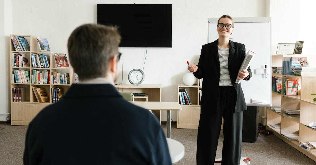 businesswoman giving presentation in office with bookshelves and clock 4