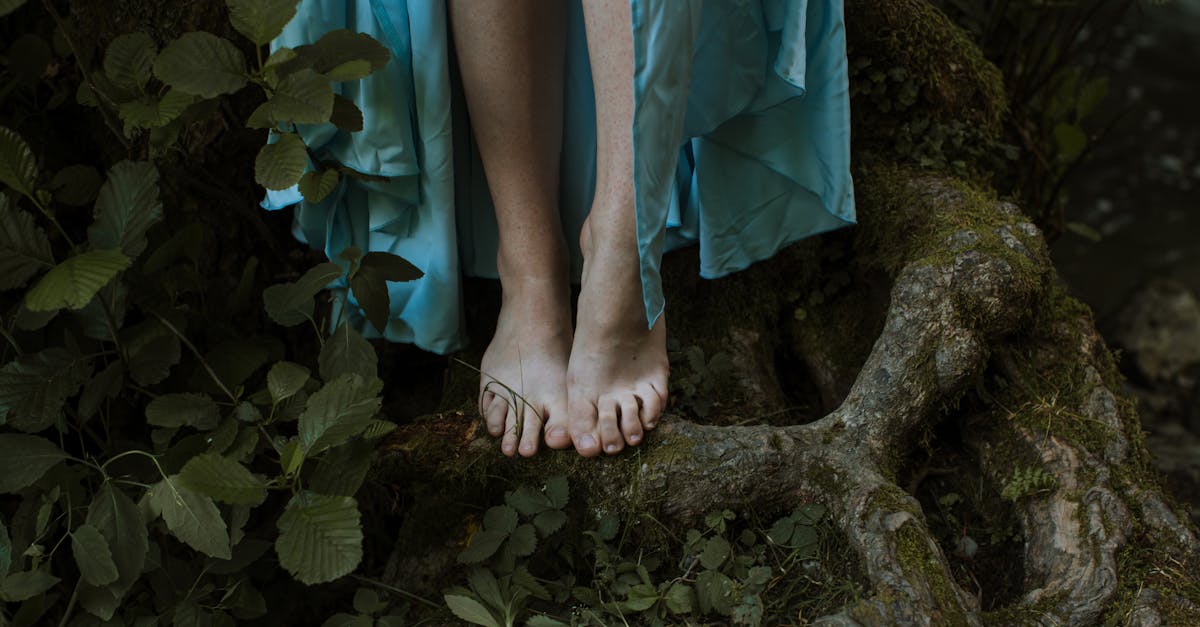 close up of bare feet standing on tree roots surrounded by green leaves