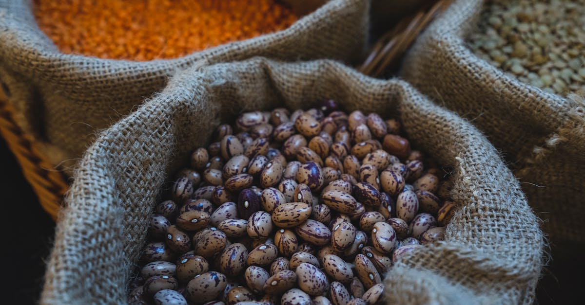 close up of pinto beans lentils and other grains in burlap sacks in a market setting