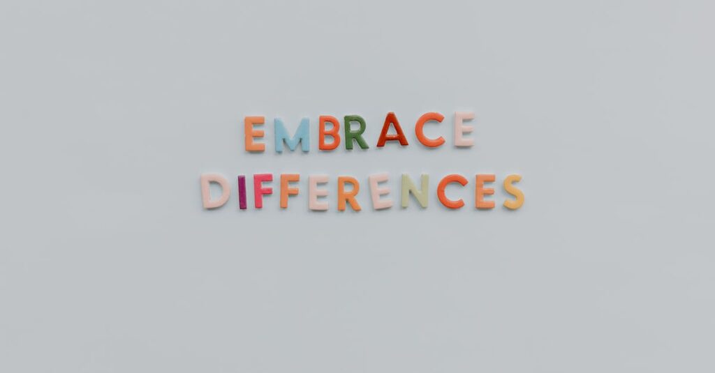 colorful letters spelling embrace differences on a minimalist gray background highlighting inclusi