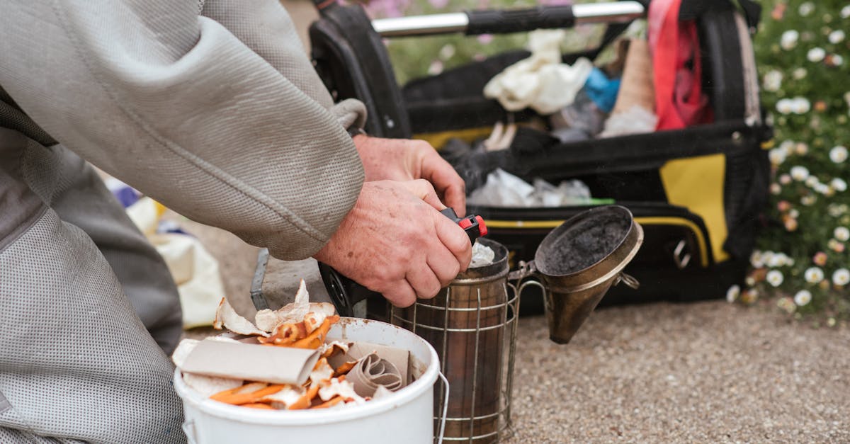 crop anonymous male beekeeper sitting on knees while preparing bee smoker in countryside area 2