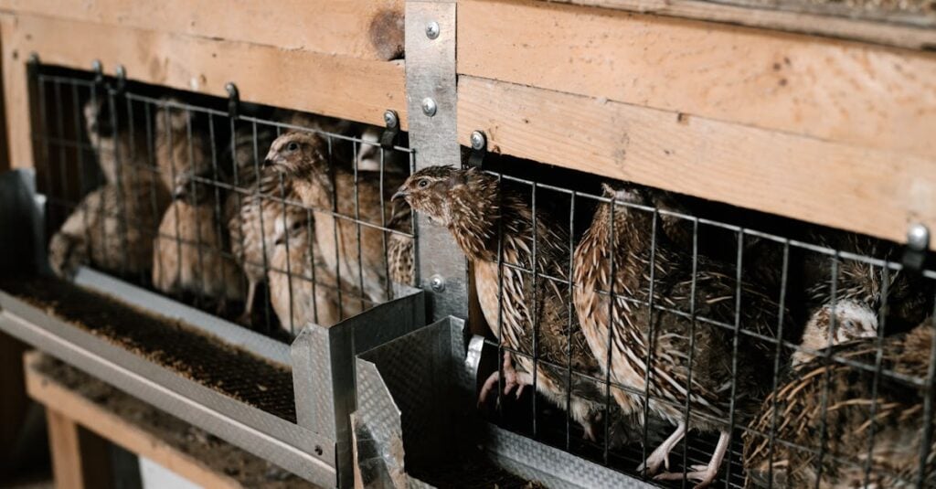 cute little quail birds in rustic breeding cage at poultry farm in countryside 1