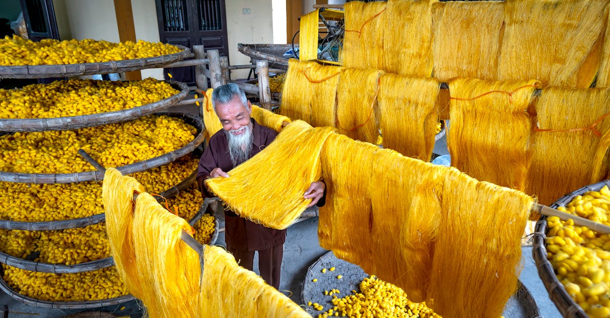 elderly artisan crafting silk threads in a traditional vietnamese silk village