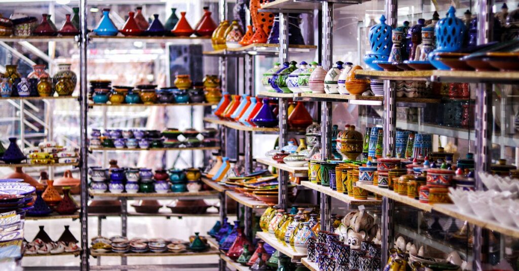 explore vibrant moroccan ceramics beautifully displayed in a traditional market setting