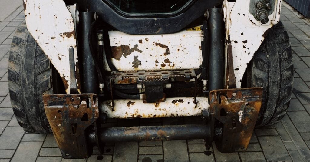 from above place of arm installation on shabby heavy duty mini loader with white frame