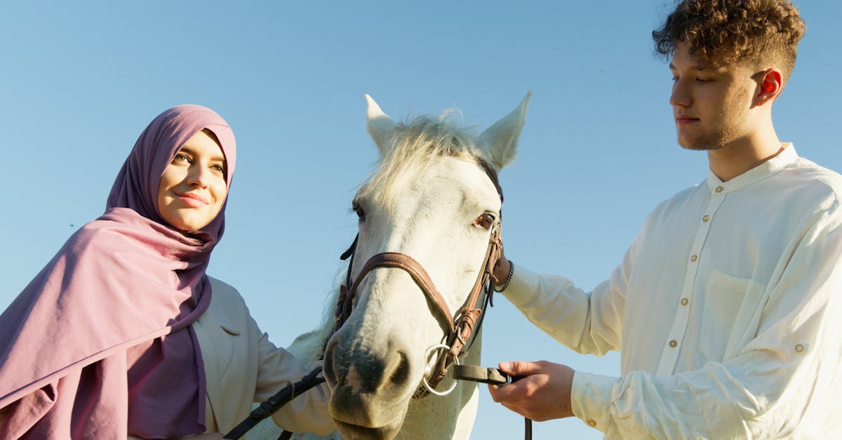 gentle interaction between a couple and a white horse under a clear blue sky in the countryside