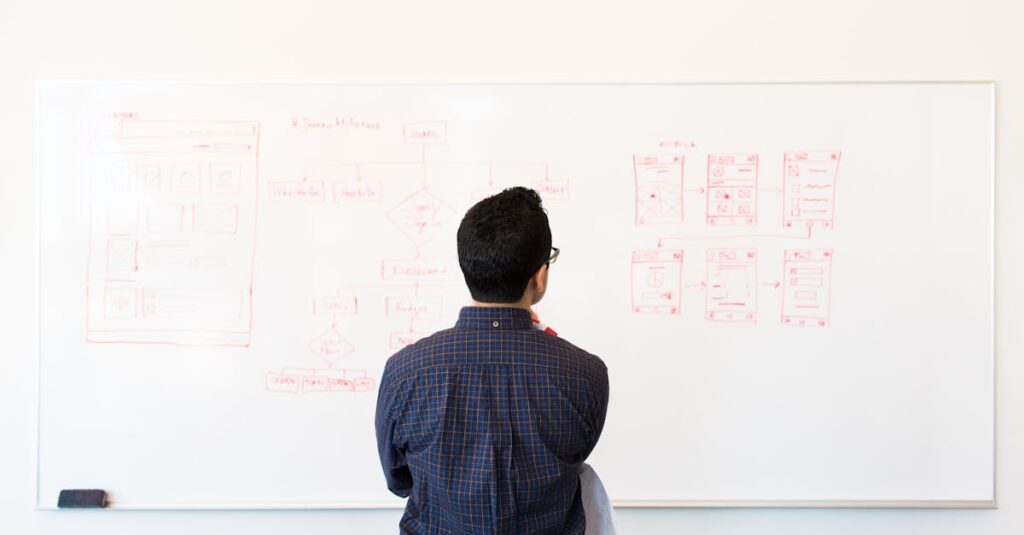 man standing at a whiteboard planning ux design concepts in a modern office setting 6
