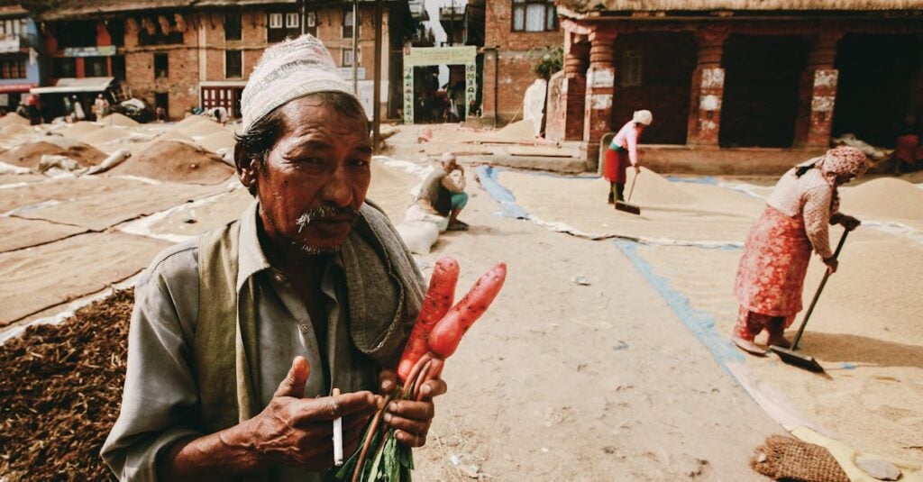 man with radishes stands in a traditional urban area with people working in the background