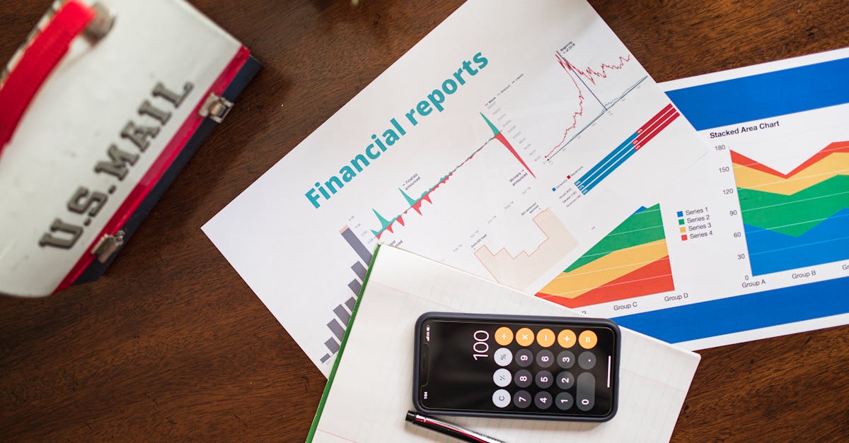 overhead view of financial reports charts and a calculator on a desk