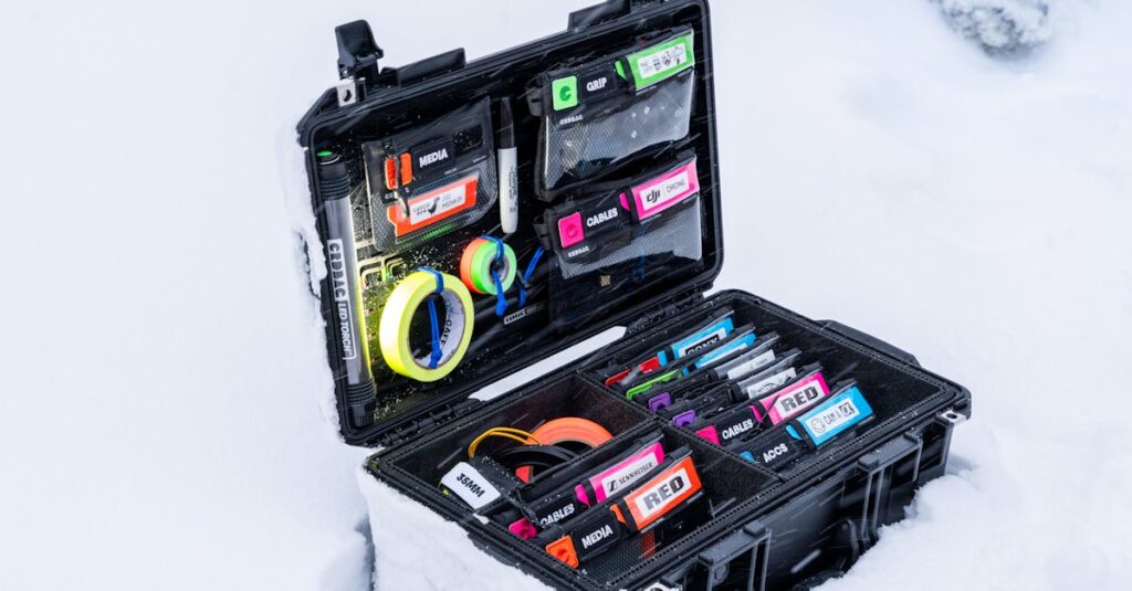 professional camera gear neatly organized in a snow covered case showcasing essential equipment