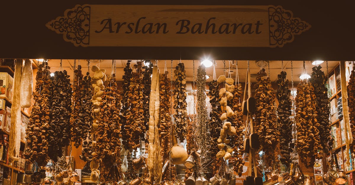 an array of dried spices and herbs hanging in a traditional spice market stall creating a rich and