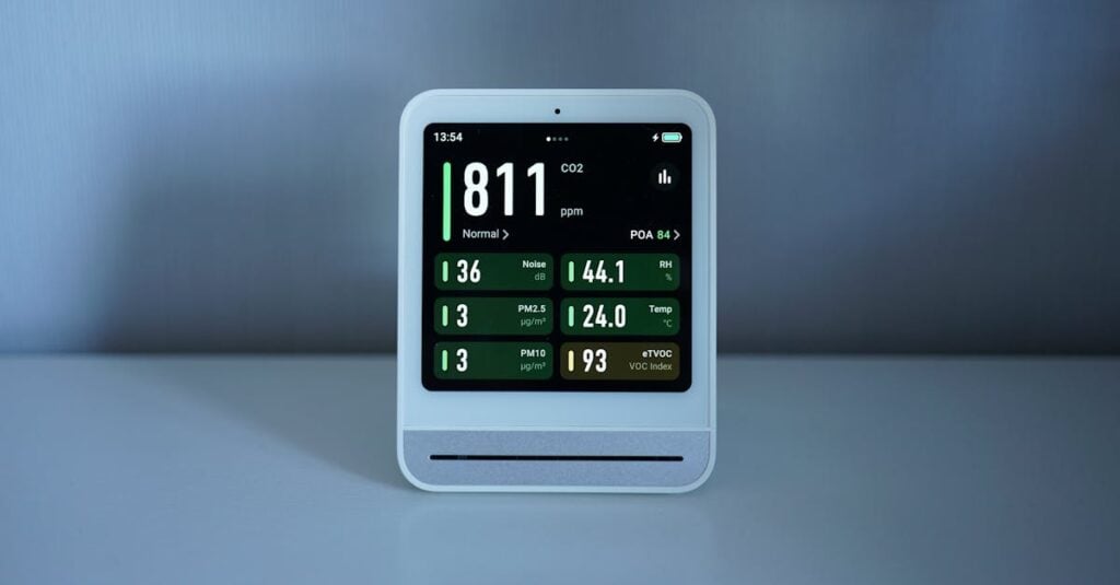 close up of a digital air quality monitor showing co2 and pm2 5 levels indoors