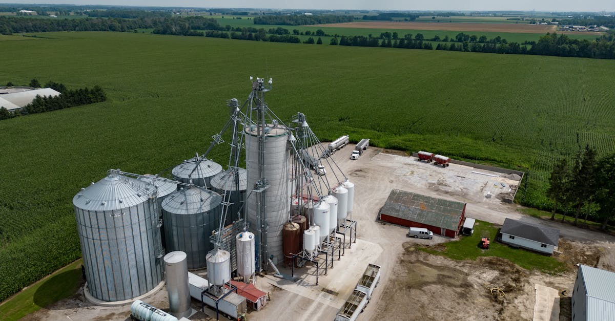 drone shot capturing grain silos and vast fields in dublin ontario canada