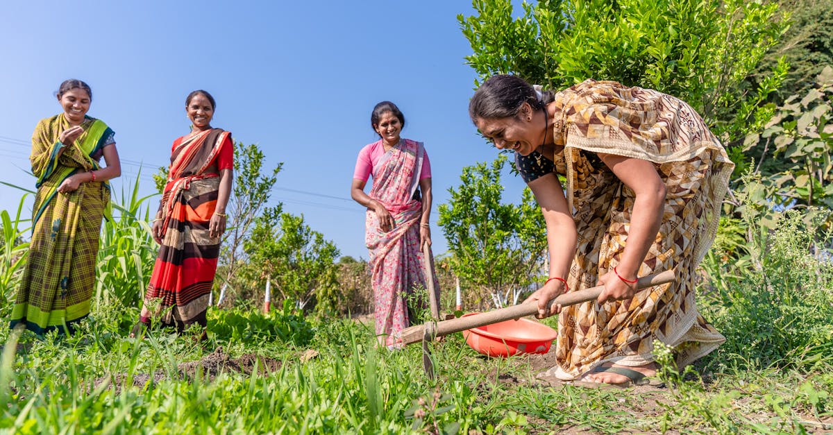 group of indian women farmers working joyfully in a lush green field under a clear blue sky