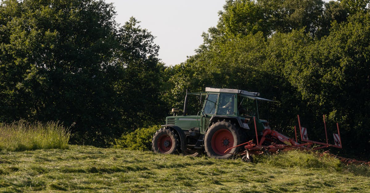 a tractor operates in a lush green field during summer surrounded by trees 1