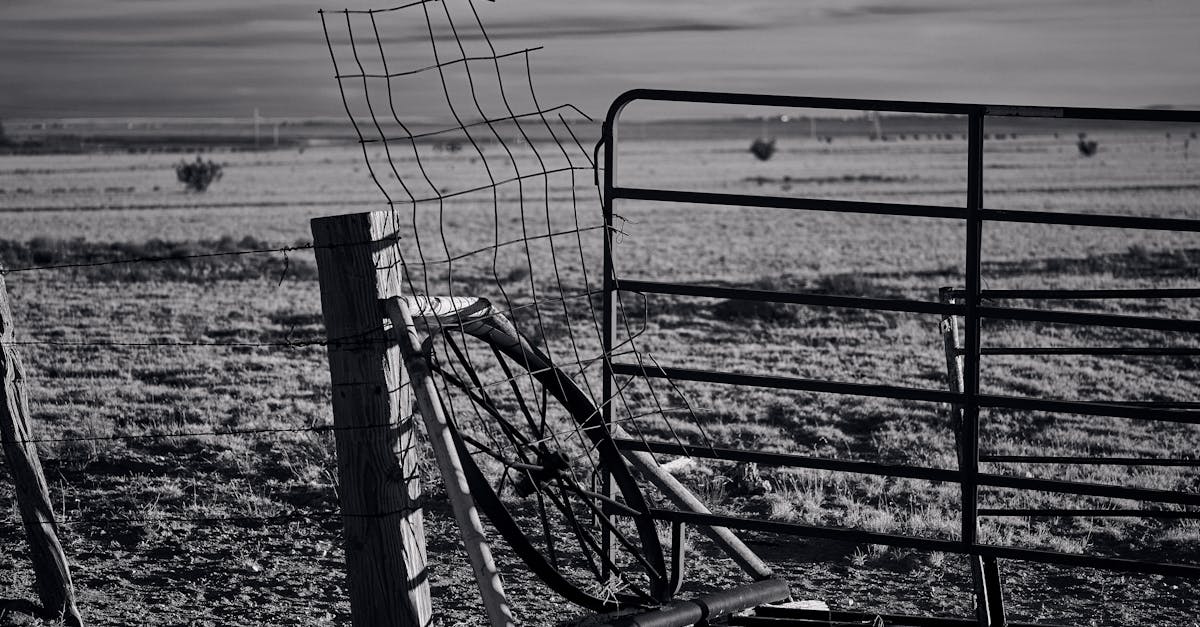 black and white image of a rural fence with a wagon wheel and gate in the countryside
