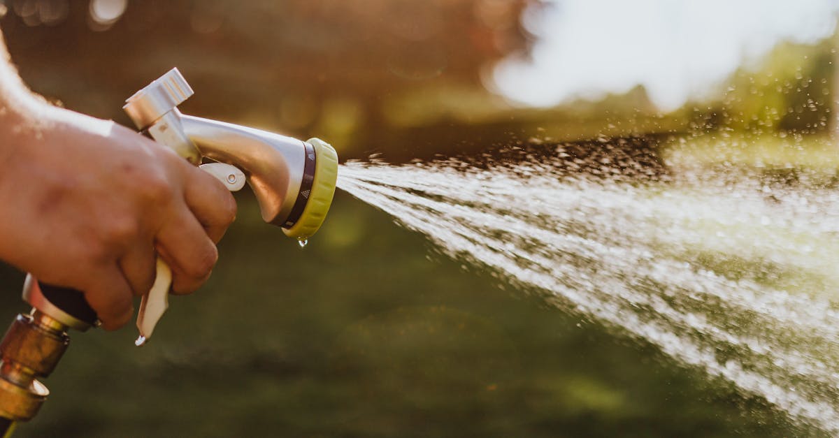 close up of a hand holding a garden hose spraying water outdoors on a sunny day 5