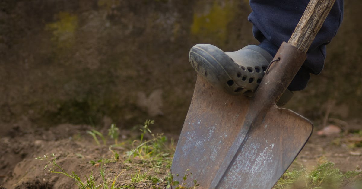 close up of a person s foot on a shovel in the garden emphasizing soil work