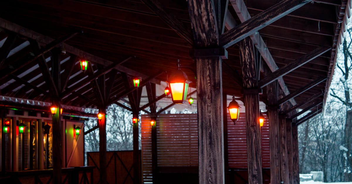 cozy wooden shed with glowing lanterns on a snowy winter day providing a warm ambiance