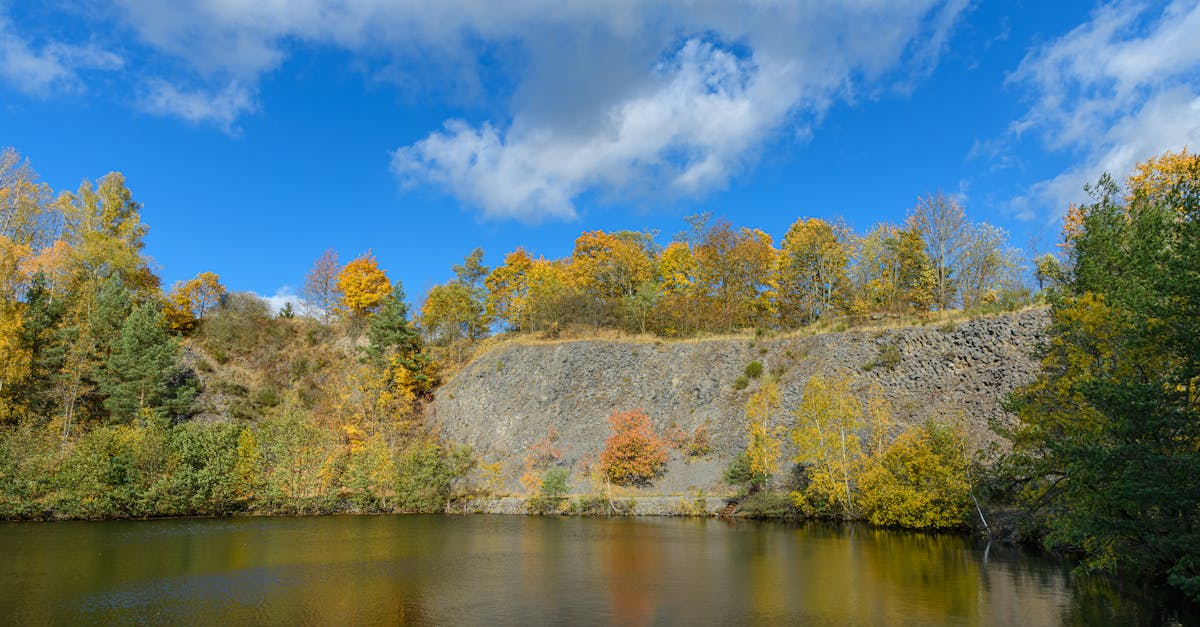 serene autumn landscape with a lake trees and vibrant foliage under a bright blue sky