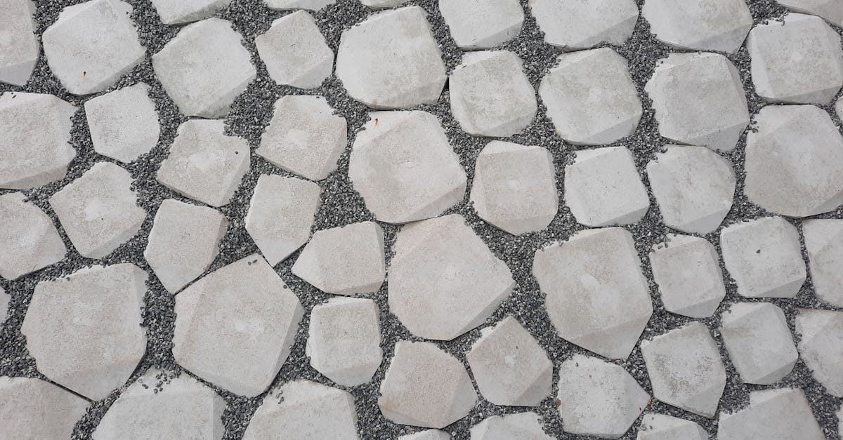 top view of a geometric stone pathway with white rocks and gravel