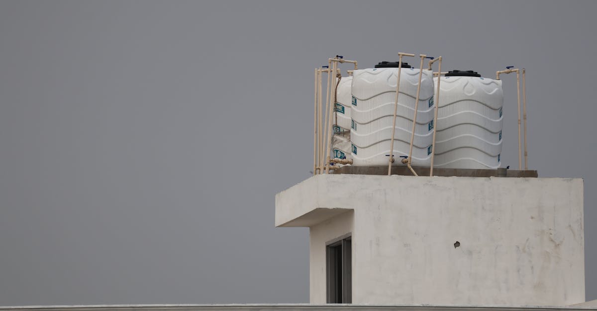 white water tanks on a rooftop with architectural design under a gray sky